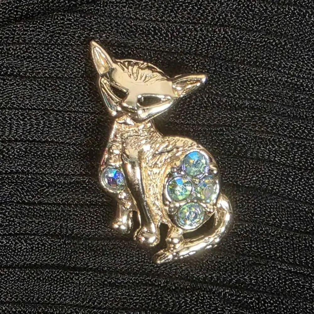 Vintage Cat Brooch Gold Tone  Rhinestone Kitty Pin Kitsch Jewelry
